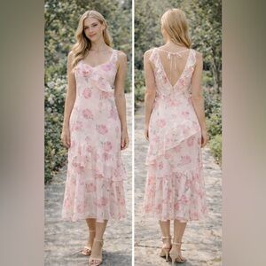 Pink Floral Size M Midi Dress Open Back Tie Chiffon Romantic Cottagecore NWT